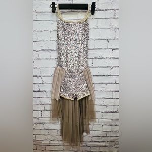Curtain Call Costume Dance Recital style R418 gold sequin and tulle size CLA